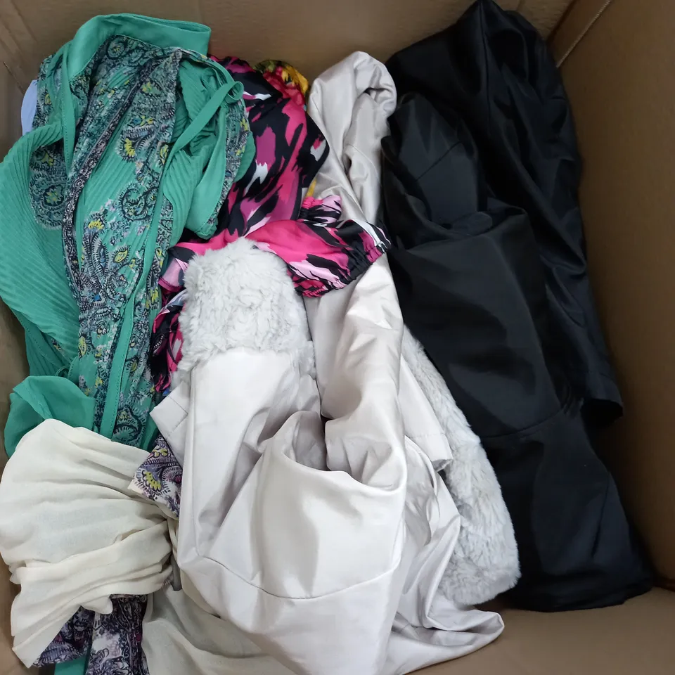 LARGE BOX OF ASSORTED CLOTHING ITEMS ALL IN DIFFRENT COLOURS AND SIZES 