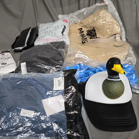 BOX OF ASSORTED CLOTHING ITEMS IN VARIOUS COLOURS, STYLE AND SIZES