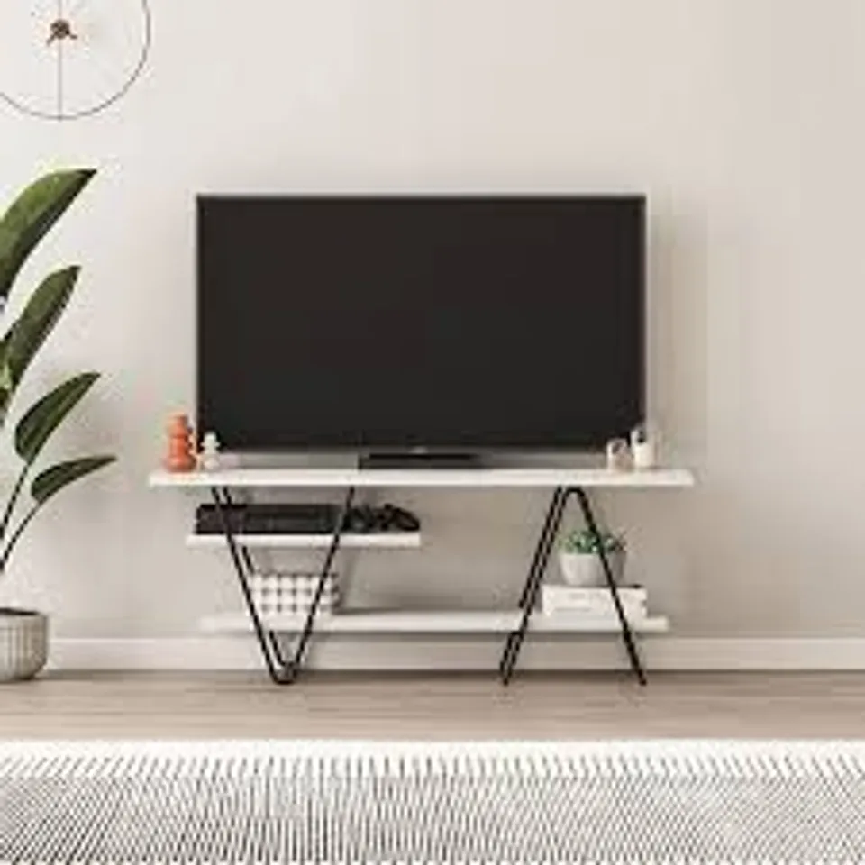 BOXED DECORTIE MODERN ESSEL TV STAND MULTIMEDIA CENTRE WHITE WITH HAIRPIN METAL LEGS – FOR 48 INCH TVS