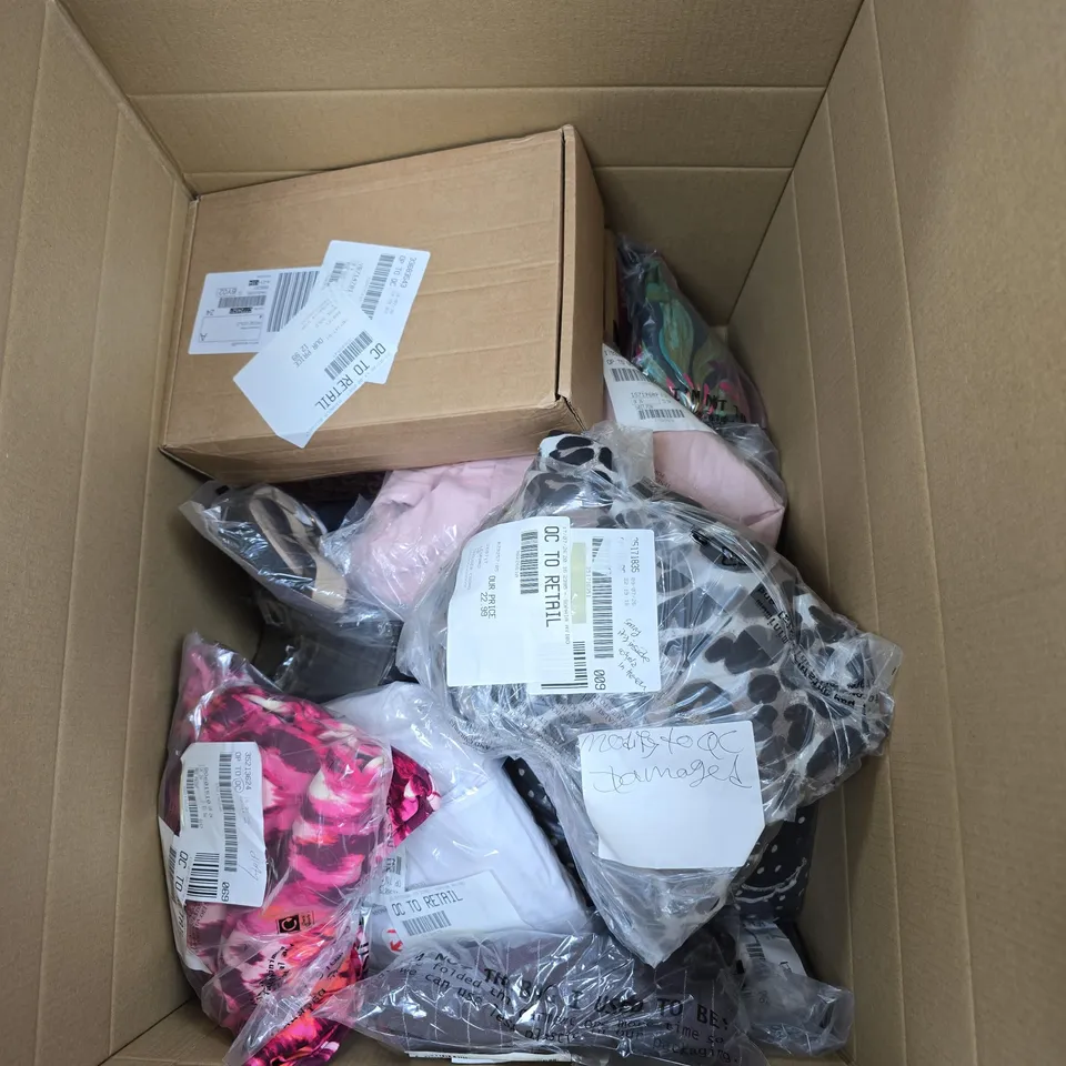 BOX OF APPROXIMATELY 25 ASSORTED CLOTHING ITEMS OF VARIOUS SIZES AND STYLES