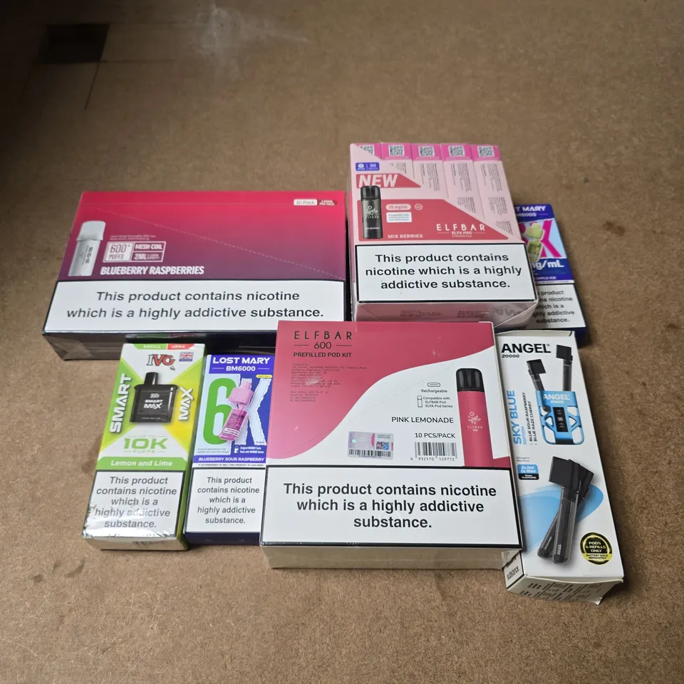 APPROXIMATELY 20 ASSORTED E-CIGARETTE AND VAPE PRODUCTS TO INCLUDE IVG, ELFBAR, LOST MARY ETC 