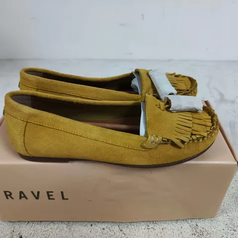BOXED PAIR OF RAVEL ATLEY MUSTARD SUEDE LOAFERS – UK 4