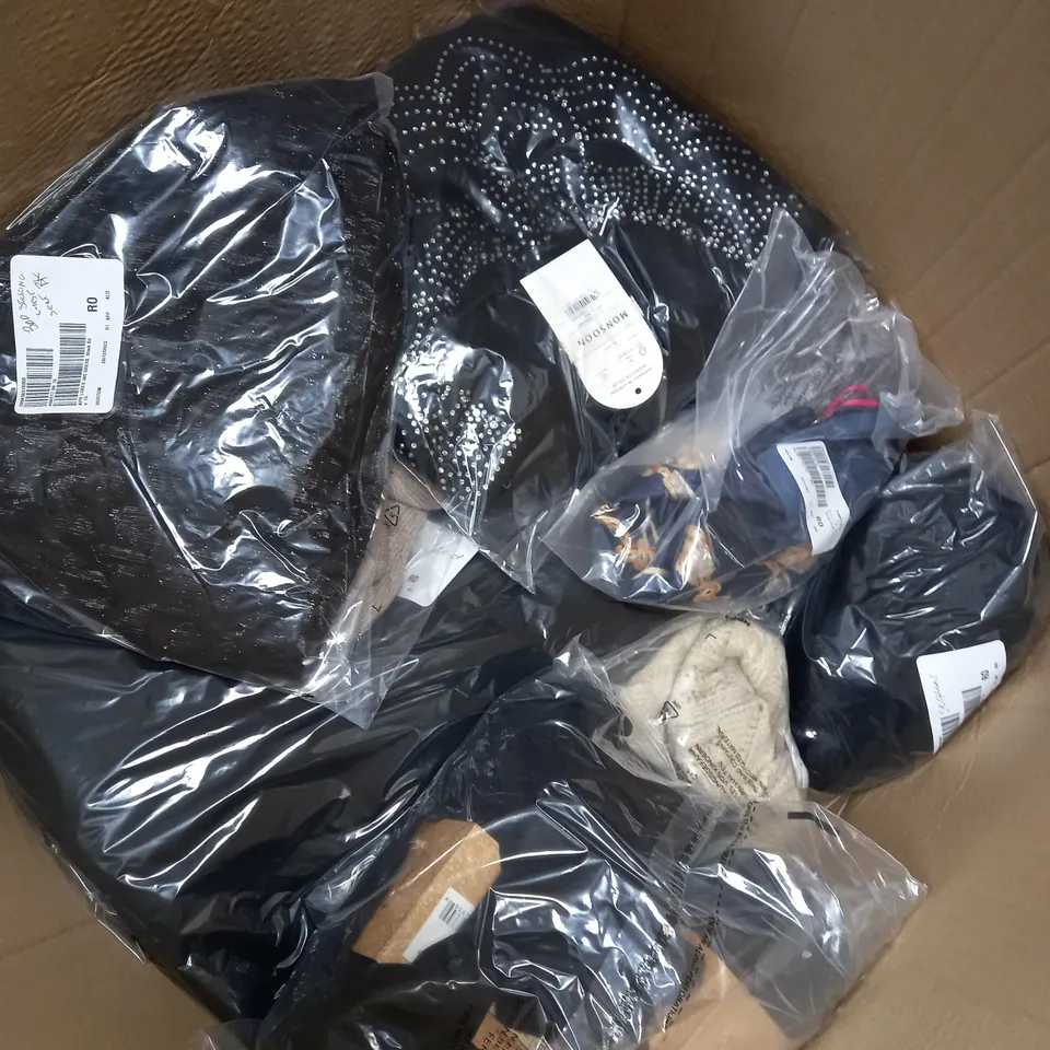 BOX OF ASSORTED CLOTHING ITEMS TOO INCLUDE BAGS , TOPS, AND TROUSERS   ETC. 