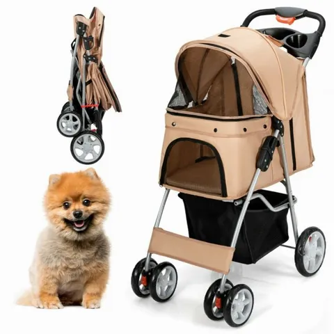 BOXED COSTWAY FOLDABLE 4-WHEEL PET STROLLER WITH STORAGE BASKET - BEIGE