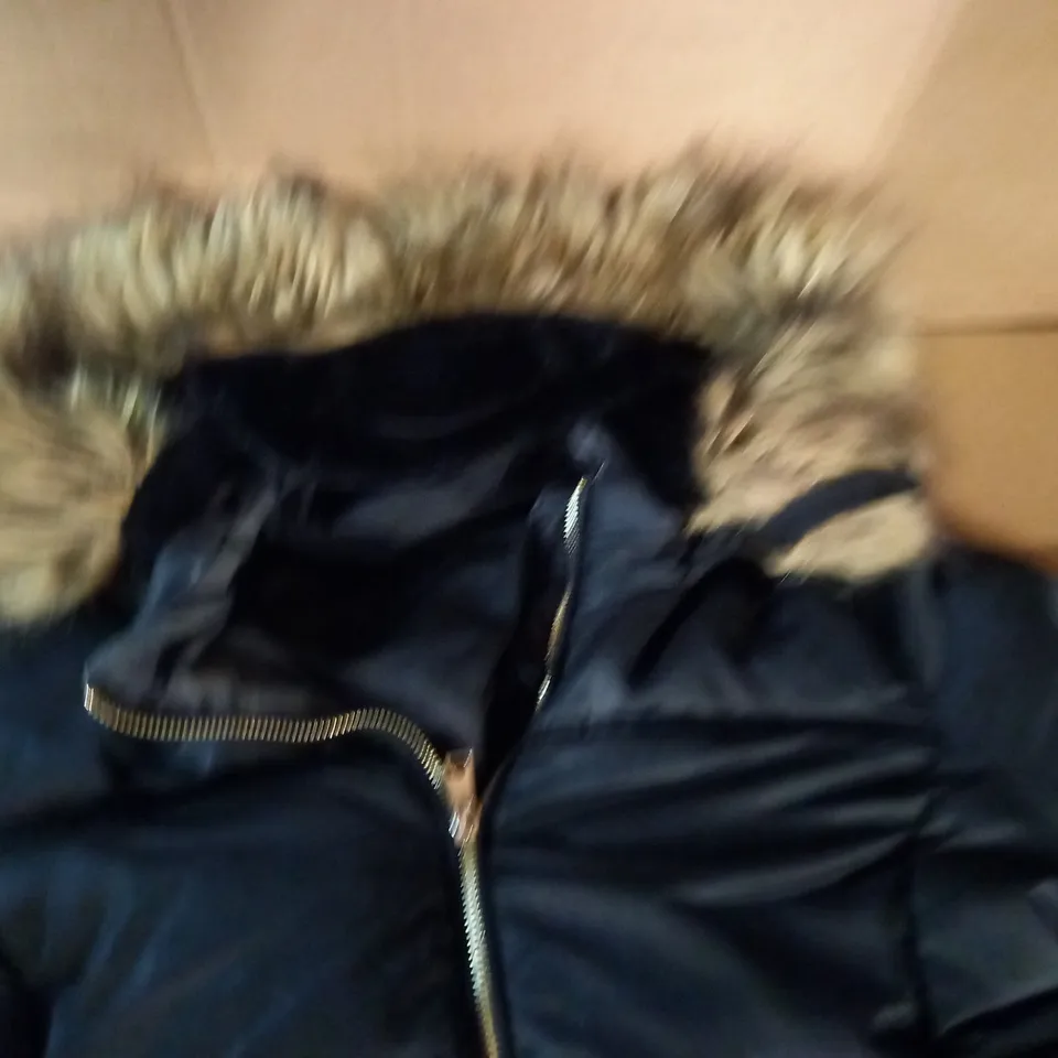 F&F PADDED BLACK HOODED COAT - UK 14