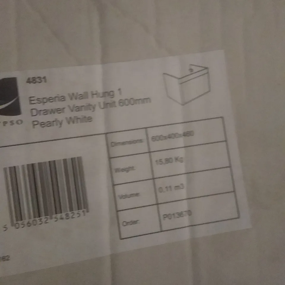 BOXED ESPERIA WALL HUNG 1 DRAWER VANITY UNIT 60CM PEARLY WHITE 