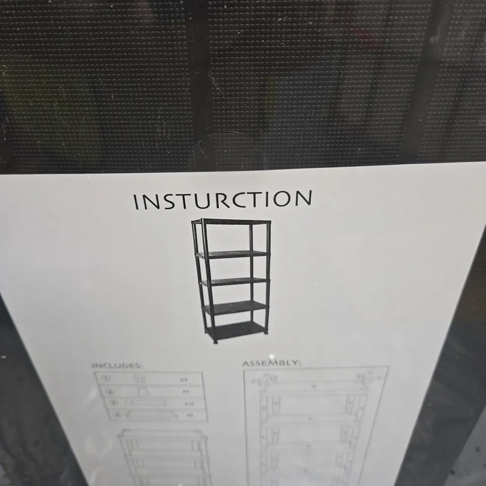 BLACK PLASTIC FIVE-SHELF STORAGE UNIT WITH INSTRUCTION SHEET