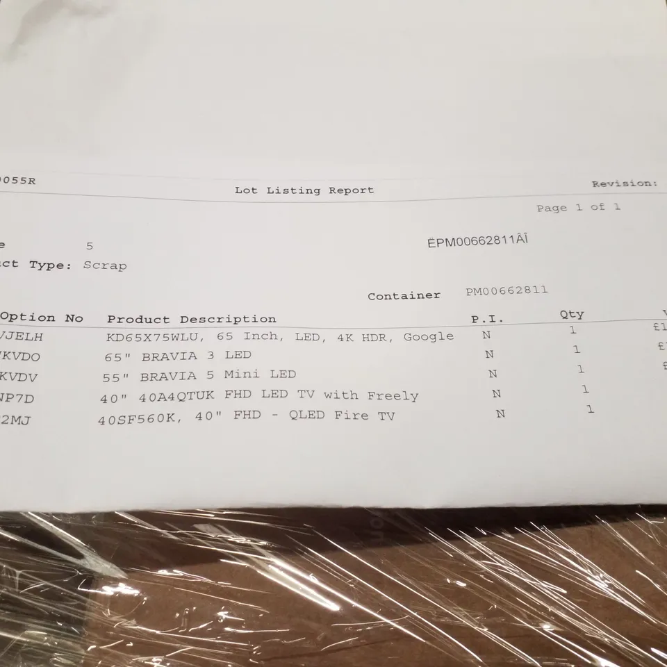 PALLET CONTAINING 5 ASSORTED DAMAGED TVS