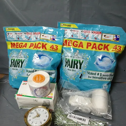 BOX OF ASSORTED HOUSEHOLD ITEMS TO INCLUDE FAIRY, CLOCK AND BANDAGES