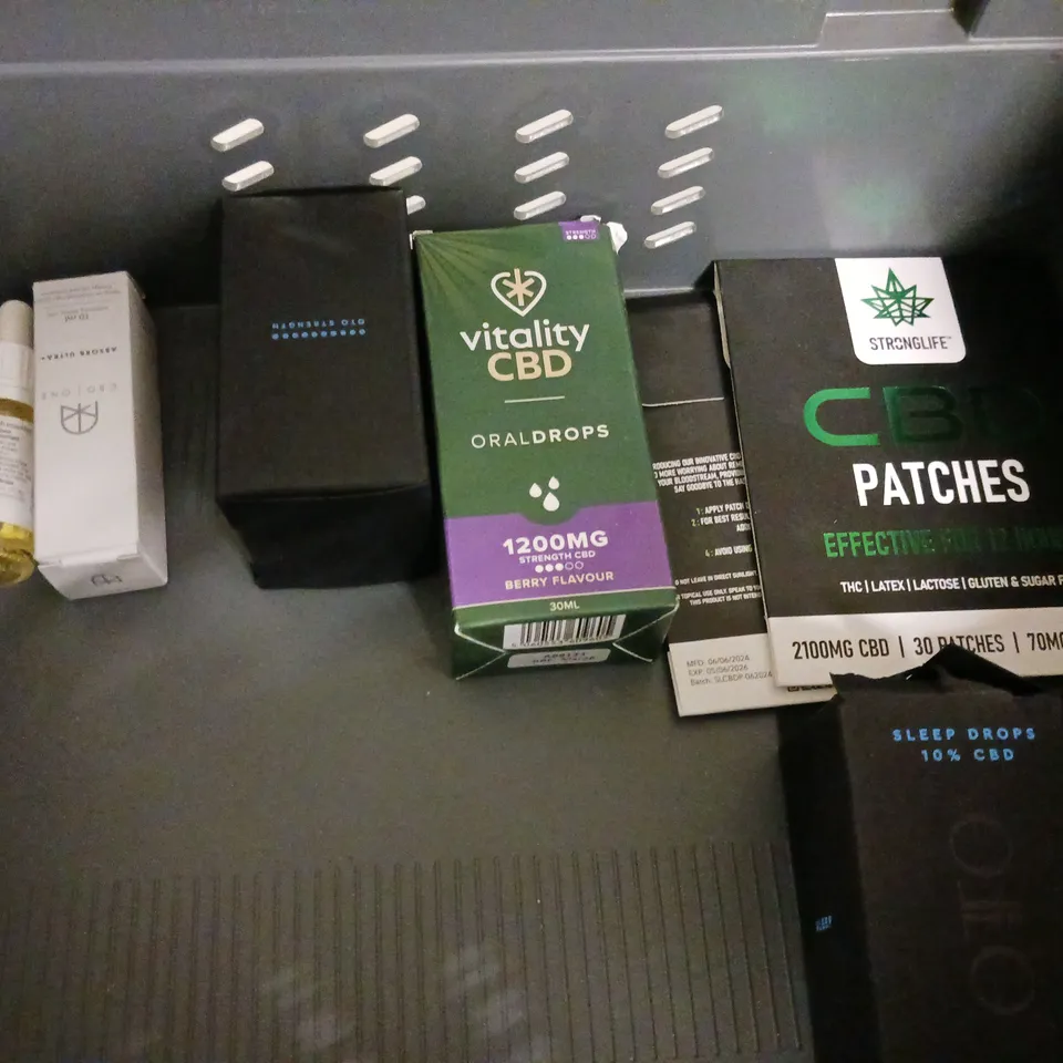 LOT OF APPROXIMATELY 20 ASSORTED CBD ITEMS TO INCLUDE OILS, DROPS, GUMMIES AND BALMS