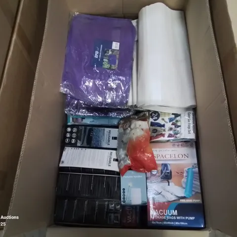 ASSORTED BOXED ITEMS TO INCLUDE VACUUM BAGS WITH PUMP, AIR DEHUMIDIFIER, PORTABLE SPEAKER ETC 