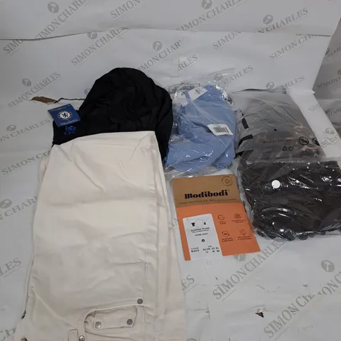LARGE BOX OF ASSORTED CLOTHING ITEMS IN VARIOUS COLOURS AND SIZES INCLUDING TROUSERS , TOPS AND JUMPERS