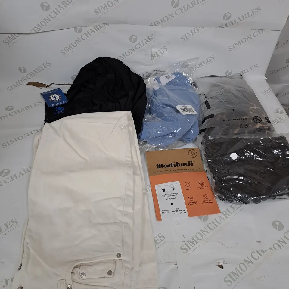 LARGE BOX OF ASSORTED CLOTHING ITEMS IN VARIOUS COLOURS AND SIZES INCLUDING TROUSERS , TOPS AND JUMPERS 