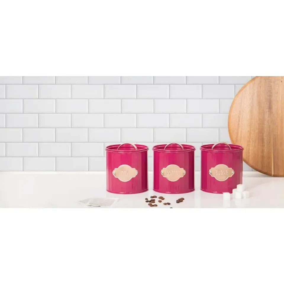 BOXED METAL 3 PIECE TEA, COFFEE AND SUGAR STORAGE CANISTERS (1 BOX)