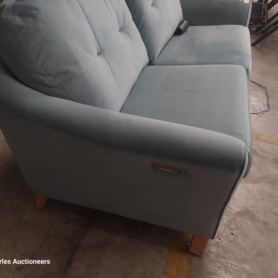 QUALITY BRITISH DESIGNER G PLAN HATTON FORMAL BACK POWER RECLINING THREE SEATER SOFA PLUSH AIRFORCE FABRIC 