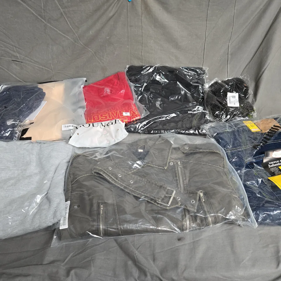 LARGE BOX OF ASSORTED CLOTHING ITEMS IN VARIOUS SIZES, STYLES AND COLOUR 