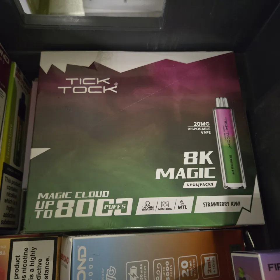 APPROXIMATELY 35 ASSORTED E-CIGARETTE PRODUCTS TO INCLUDE - VUSE GO, LOST MARY AND TIC TOCK