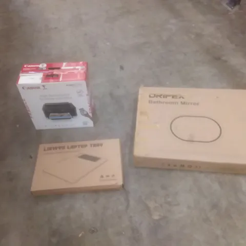 PALLET OF ASSORTED HOUSEHOLD PRODUCTS AND ITEMS, INCLUDING; KIDS BICYCLE, LAPTOP TRAY, PRINTER, BATHROOM MIRROR, BOXED FURNITURE ETC