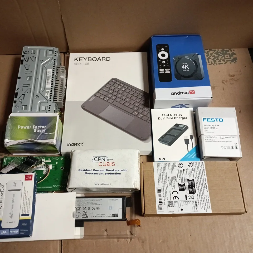 ASSORTED COMPUTER & ELECTRONICS ACCESSORIES BUNDLE: KEYBOARD, ANDROID TV BOX, CHARGER, LTE MODEM & MORE