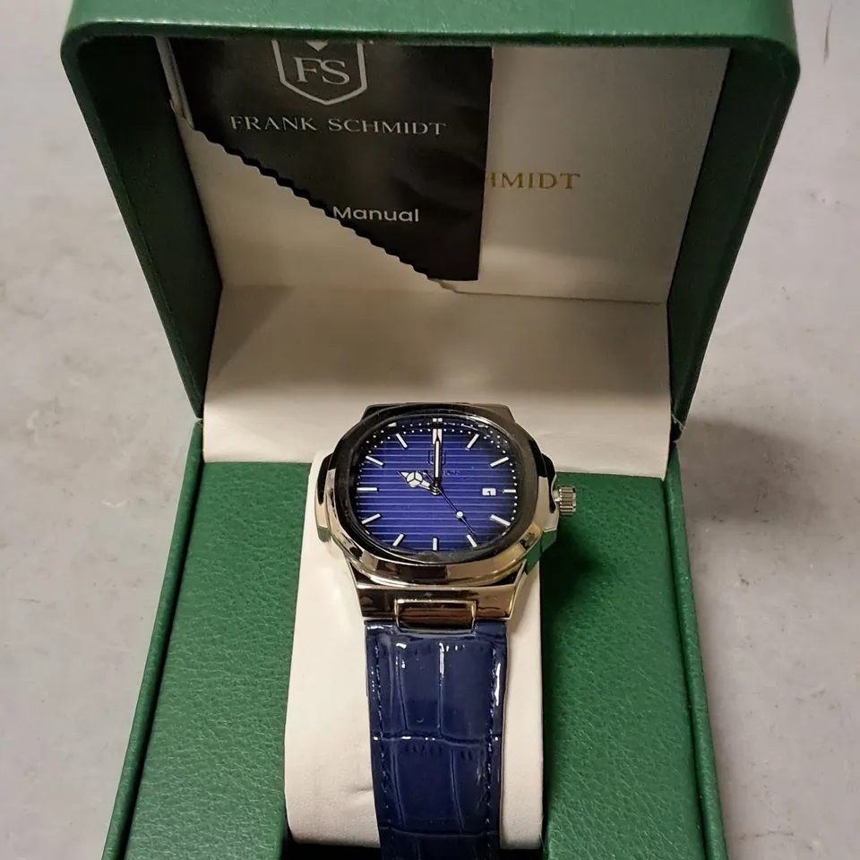 FRANK SCHMIDT STAINLESS STEEL GENTS WATCH WITH BLUE FACE AND LEATHER STRAP