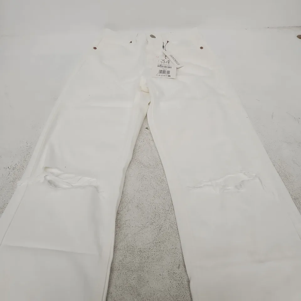 STRADIVARIUS WHITE D92 STRAIGHT WIDE-LEG HIGH-WAIST TROUSERS – UK 6 (EU 34) – 100% COTTON
