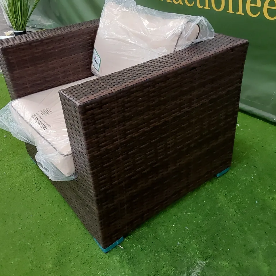DESIGNER ASCOT CHOCOLATE MIX RATTAN ARMCHAIR WITH CUSHIONS AND PROTECTIVE COVER