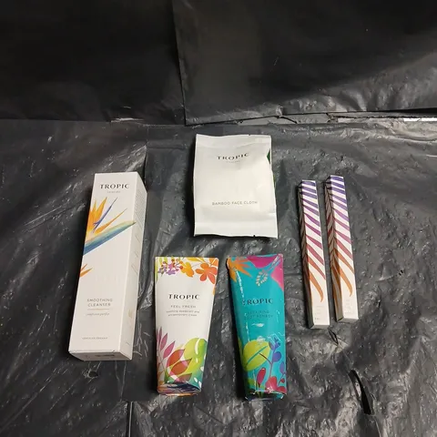 TROPIC SKINCARE LOT OF 6 ASSORTED COSMETIC PRODUCTS TO INCLUDE - SMOOTHING CLEANSER - REPAIRING FOOT REMEDY - SILK GEL LINER IN RAINFOREST GREEN - ETC