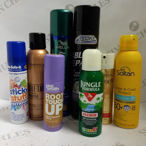 BOX OF APPROX 20 ASSORTED AEROSOLS TO INCLUDE STICKY STUFF REMOVER, PHIL SMITH ROOT TOUCH UP, SOLTAN CLEAR AND COOL PROTECT SPRAY - COLLECTION ONLY