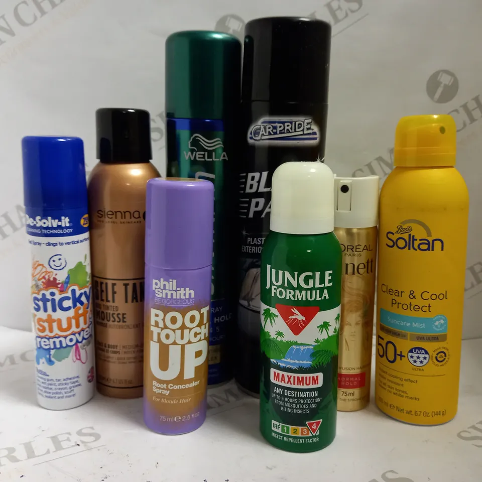 BOX OF APPROX 20 ASSORTED AEROSOLS TO INCLUDE STICKY STUFF REMOVER, PHIL SMITH ROOT TOUCH UP, SOLTAN CLEAR AND COOL PROTECT SPRAY - COLLECTION ONLY