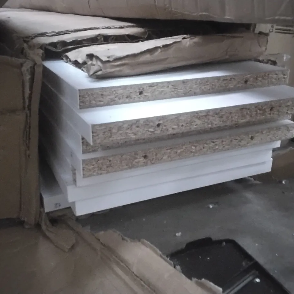 BOX OF FLAPACK WOOD FURNITURE PARTS WHITE