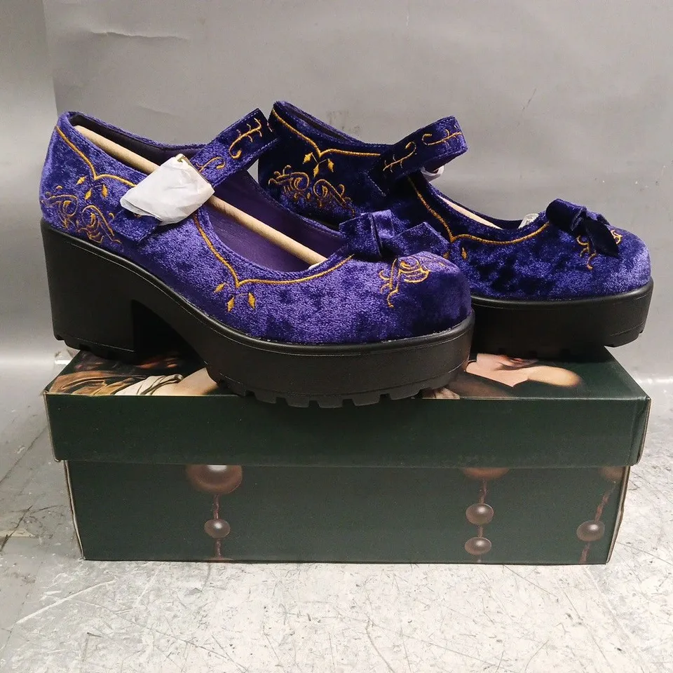 BOXED PAIR OF KOI TIRA VELVET MARY JANES ROYAL MANOR EDITION IN PURPLE SIZE UK 5