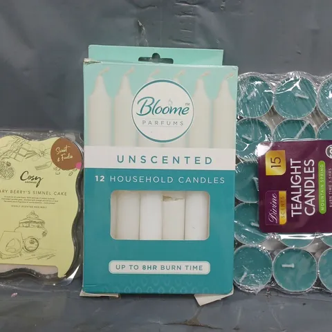 APPROXIMATELY 10 ASSORTED HOUSEHOLD ITEMS TO INCLUDE TEALIGHT CANDLES, UNSCENTED CANDLES, WAX MELT, ETC