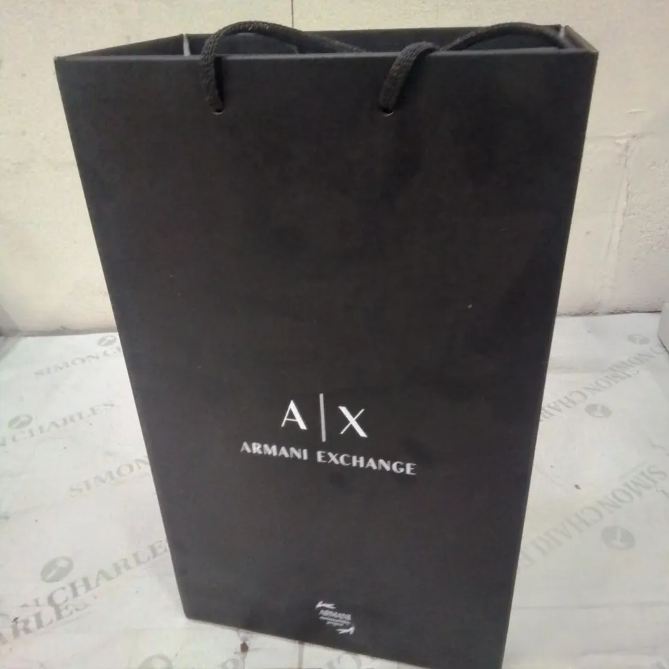 BOXED PAIR OF ARMANI EXCHANGE SIZE NINE BLACK TRAINERS.