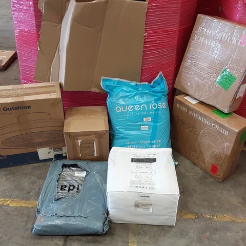PALLET OF ASSORTED CONSUMER PRODUCTS TO INCLUDE; ELECTRIC RICE COOKER, SMART CEILING FAN LIGHT, AUTOMATIC LITTER BOX, BABY ROCKING CHAIRS, MATTRESS TOPPER, GLOW FOAM STICKS ECT
