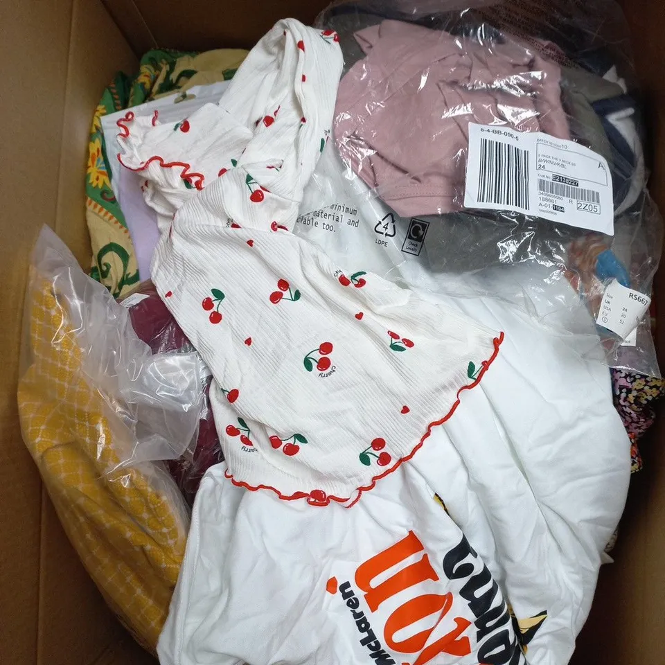 LARGE BOX OF APPROXIMATELY 25 ASSORTED CLOTHING ITEMS IN VARIOUS COLOURS, STYLES AND SIZES - COLLECTION ONLY
