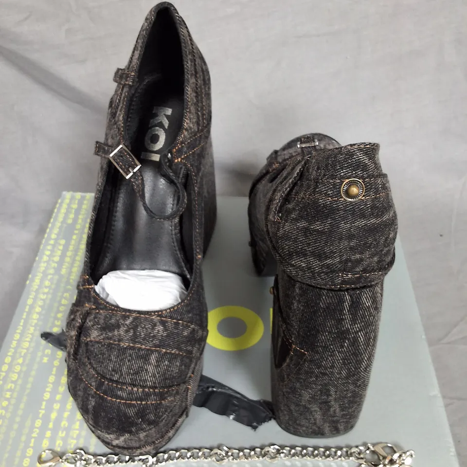 BOXED KOI FADED DENIM PLATFORM JEELS IN BLACK - UK6