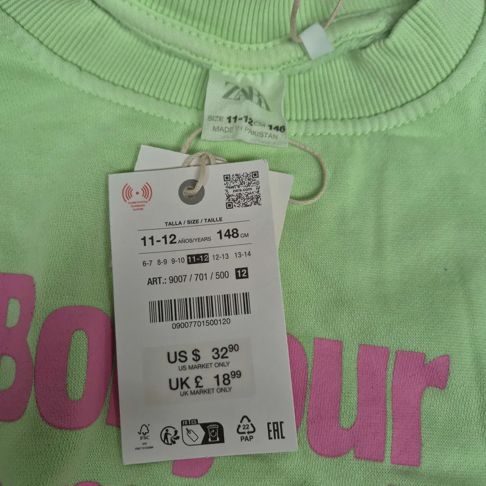 ZARA Kids Lime Green Hoodie – 'Bonjour Le Monde' Print, 11-12 Years (148 cm)