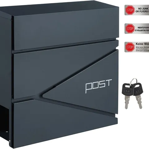 BOXED SONGMICS WALL MOUNTED POST BOX WITH NEWSPAPER HOLDER, KEYS, EASY TO INSTALL, MODERN DESIGN, CHARCOAL GREY