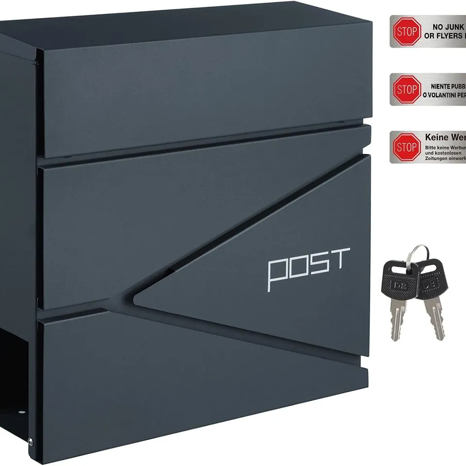 BOXED SONGMICS WALL MOUNTED POST BOX WITH NEWSPAPER HOLDER, KEYS, EASY TO INSTALL, MODERN DESIGN, CHARCOAL GREY
