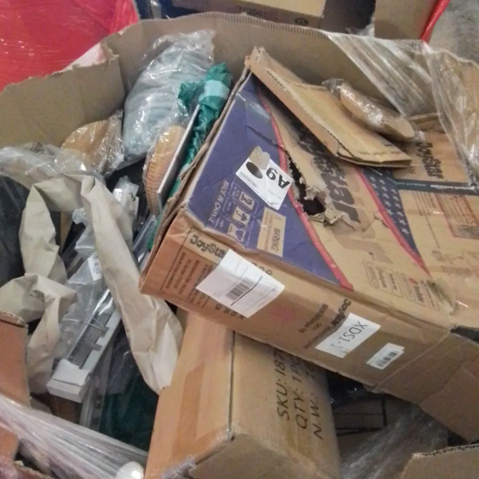 PALLET CONTAINING ASSORTED HOME IMPROVEMENT PRODUCTS. INCLUDES BLINDS, GARDEN POP-UP GAZEBO, SWING SET, KIDS BIKE IN PINK ETC 