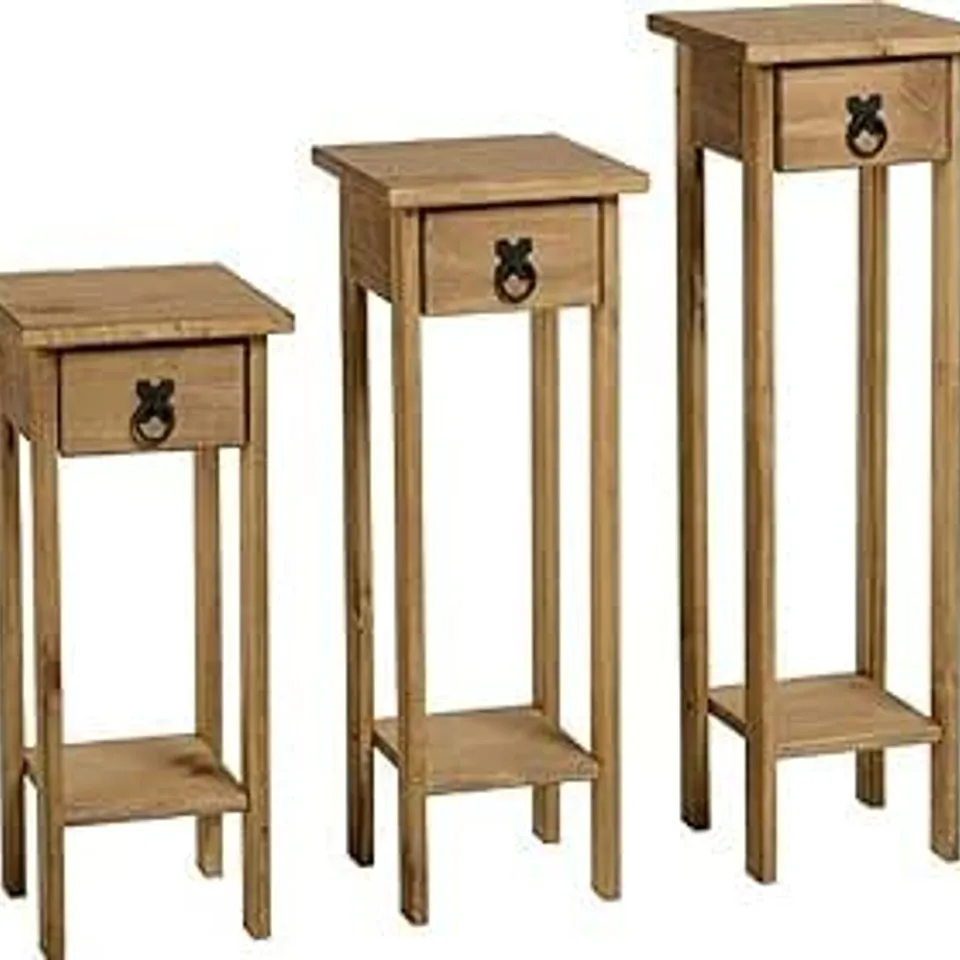BOXED CORONA PLANT STANDS SET OF 3 SIZES IN DISTRESSED WAXED PINE FINISH