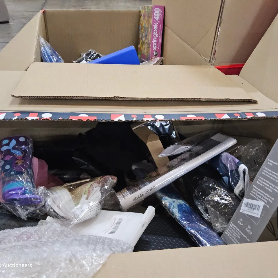 PALLET CONTAINING 6 BOXES OF ASSORTED ITEMS, TO INCLUDE, KIDS WATER BOTTLES, PHONE CASES, BEER PONG GAME, BALLOONS, IPAD CASES, CLOTHING ITEMS.