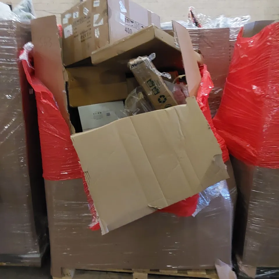 PALLET TO CONTAIN ASSORTED HOUSEHOLD ITEMS AND CONSUMER PRODUCTS. INCLUDES TOASTER, HEATER FAN, TOILET SEATS, TABLE LAMP, BAR STOOL ETC