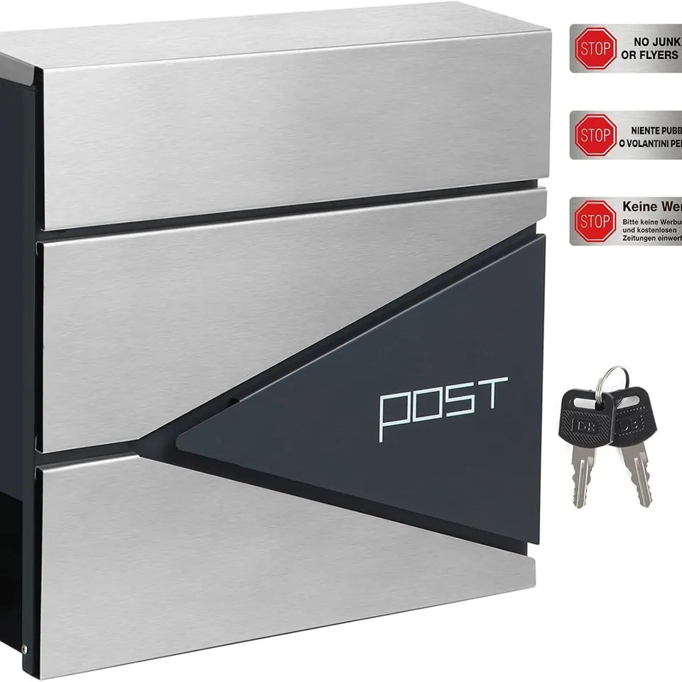 BOXED SONGMICS WALL MOUNTED POST BOX WITH NEWSPAPER HOLDER, KEYS, EASY TO INSTALL, MODERN DESIGN, CHARCOAL GREY AND SILVER