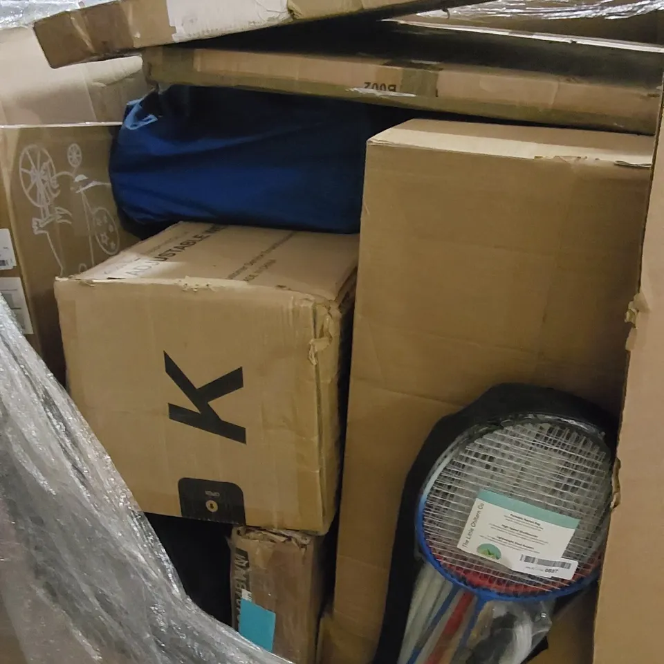 PALLET TO CONTAIN ASSORTED HOUSEHOLD ITEMS AND CONSUMER PRODUCTS. INCLUDING BADMINTON SET, KIDS BIKE, ADJUSTABLE WEIGHT BENCH, YOGA MATT, BOXED FURNITURE ETC