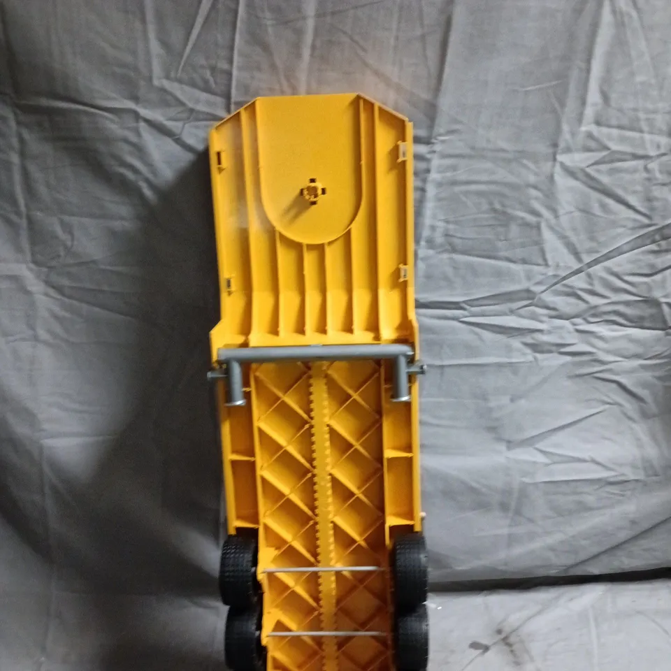 YELLOW SIX-WHEELED TOY TRAILER WITH TILTING BED - PLASTIC CONSTRUCTION VEHICLE
