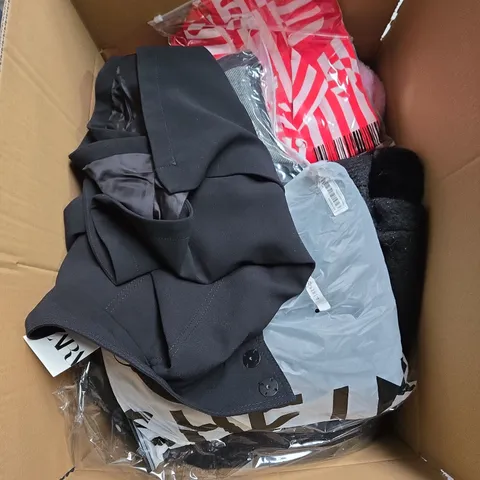 LARGE BOX OF ASSORTED CLOTHING ITEMS IN VARIOUS SIZES, STYLES AND COLOUR 