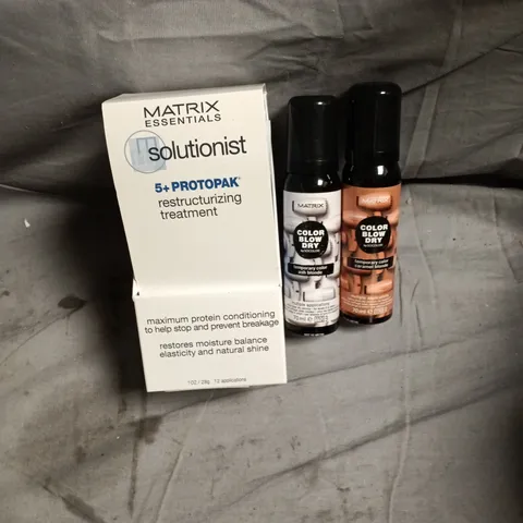 APPROXIMATELY 15 ASSORTED HAIR CARE PRODUCTS INCLUDING MATRIX COLOR BLOW DRY ASH BLONDE/CARAMEL BLONDE AND MATRIX ESSENTIALS RESTRUCTURING TREATMENT
