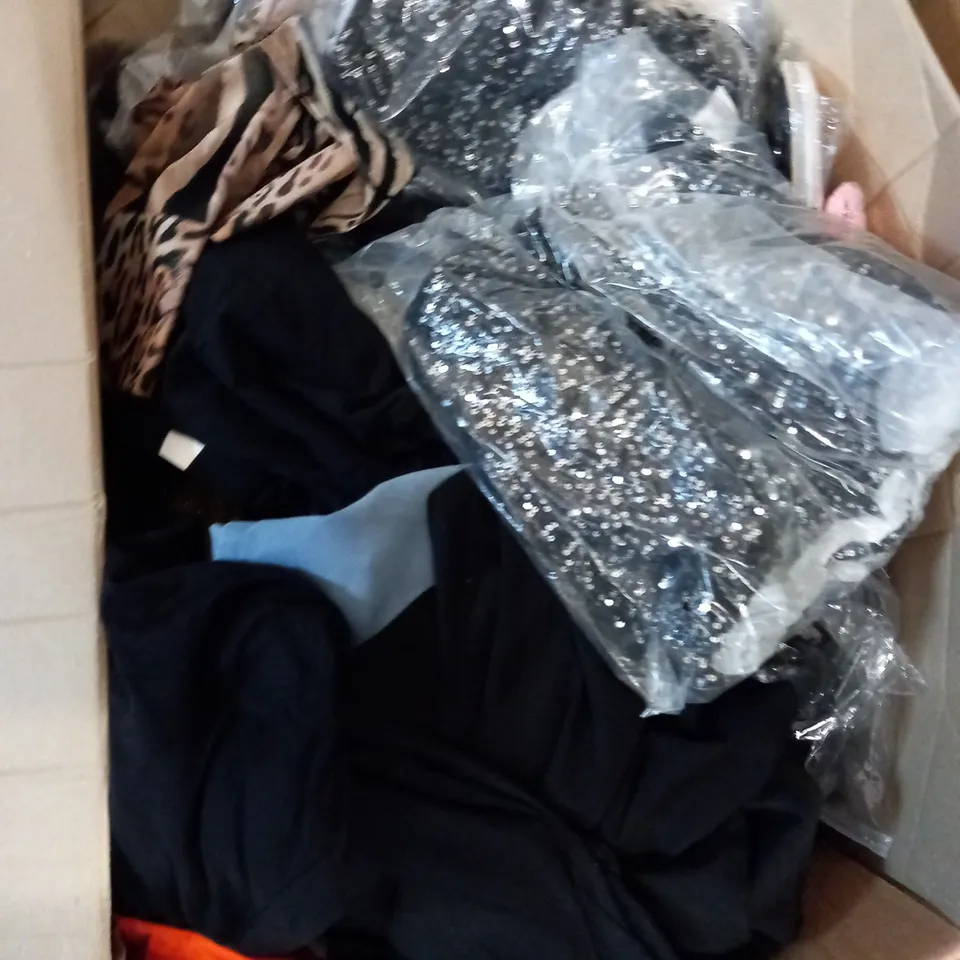 BOX OF ASSORTED CLOTHING ITEMS TOO INCLUDE JUMPERS, SHIRTS AND TROUSERS IN VARIOUS SIZES AND COLOURS   