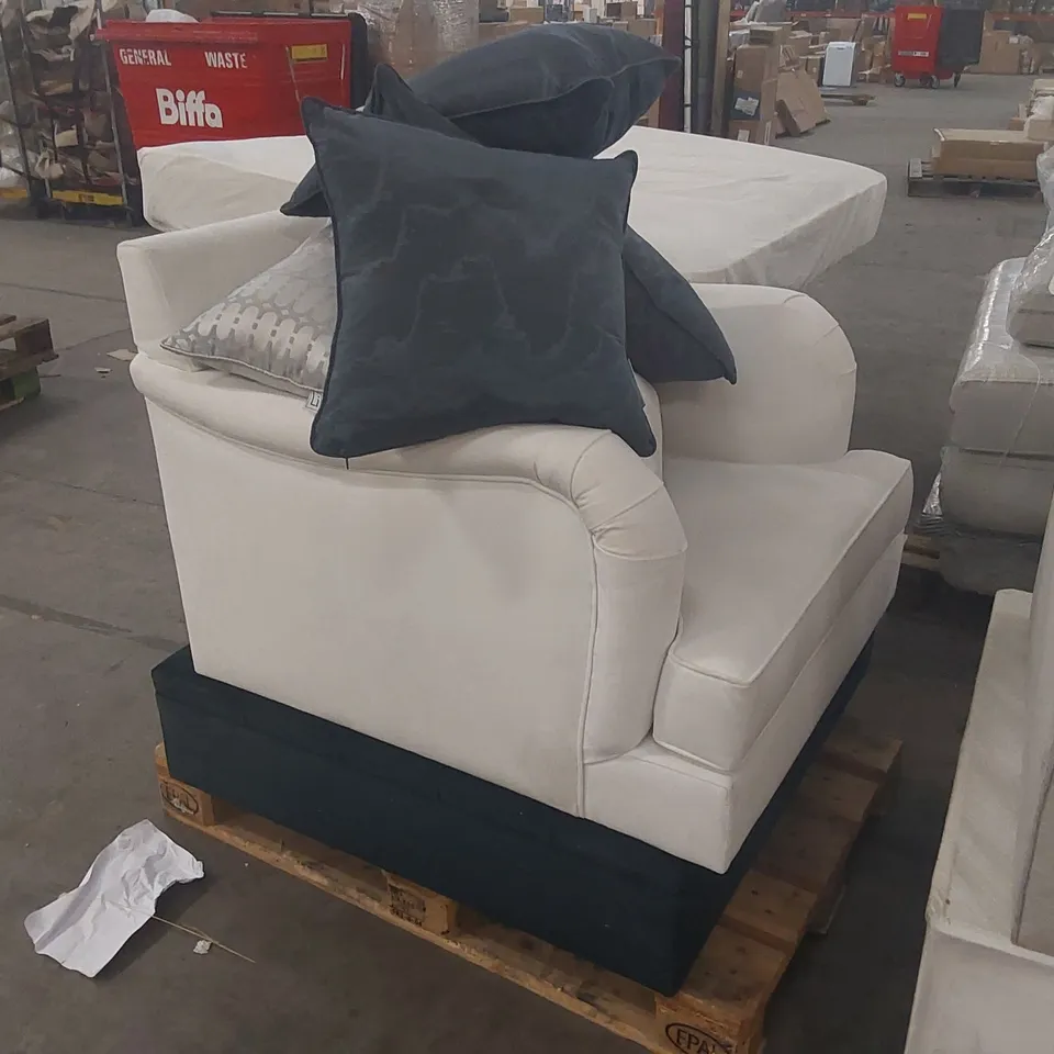 PALLET OF ASSORTED FURNITURE PARTS INCLUDING: ARMCHAIR, STORAGE OTTOMAN, CUSHIONS ECT